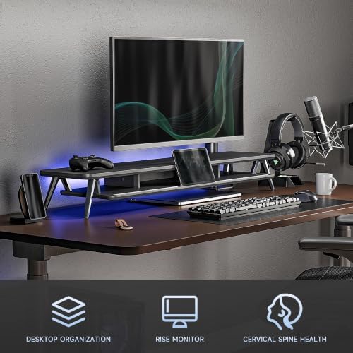 Fenge Dual Monitor Stand Riser, Wooden Desk Shelf with 2-Tier Storage - Image 5