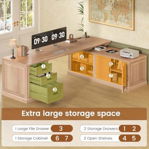 SEDETA Farmhouse L Shaped Desk with Drawers, 70.9" Home Office Desk with Storage Cabinet and Storage Shelves, L Shaped Computer Desk with Power Outlet，Oak - Image 4