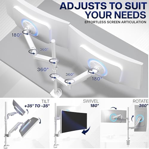 VIVO Dual Monitor Arm Extra Tall Mount for Screens up to 32 inches, Mechanical Height Adjustment, Full Articulating Heavy Duty VESA Stand with Desk C-clamp and Grommet, White, STAND-V012KW - Image 5
