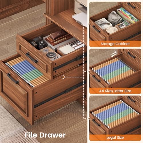 SEDETA Farmhouse Executive Desk, 62'' Home Office Desk with File Drawers, 3Drawer and Storage Cabinet, Computer Desk with Power Outlet for Home Office, Work Study Writing, Walnut - Image 4