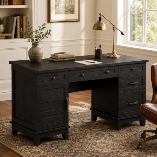 60" Farmhouse Executive Desk with File Drawers, Rustic Black - Image 4
