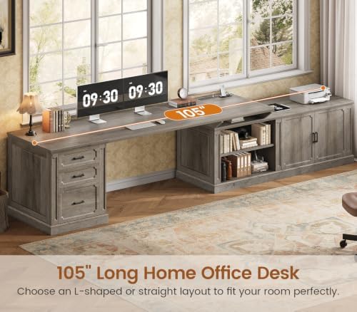 SEDETA Farmhouse L Shaped Desk with Drawers, 70.9" Home Office Desk with Storage Cabinet and Storage Shelves, L Shaped Computer Desk with Power Outlet，Gray - Image 3