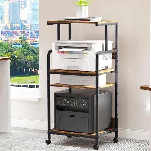 Arbuxzuy 4 Tier Printer Stand with Storage Shelf, Large Tall Printer Cart with Wheels, Mobile Printer Table for Home Office, Adjustable Stands for Heat Press Scanner Fax (Brown) by Arbuxzuy