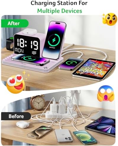 Acer 7-in-1 Wireless Charging Station with LED Clock - 30W Fast Wireless Charger for iPhone 16/15/14/13/12/Pro Max, Apple Watch, AirPods - Bluetooth Auto Time Sync & Night Lights (Purple) - Image 4