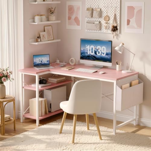 TIQLAB L Shaped Computer Desk with Power Outlets, 40 Inch Small Corner Desk with Reversible Shelves, Gaming Desk Computer Table Study Writing Table for Home Office Bedroom Small Space, Pink - Image 2
