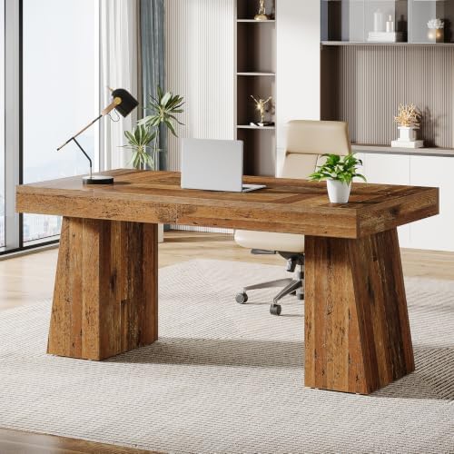 Tribesigns 55 Inches Executive Desk, Mid-Century Modern Home Office Desk, Wood Computer Table Business Workstation Small Conference Table, Distressed Brown - Image 7