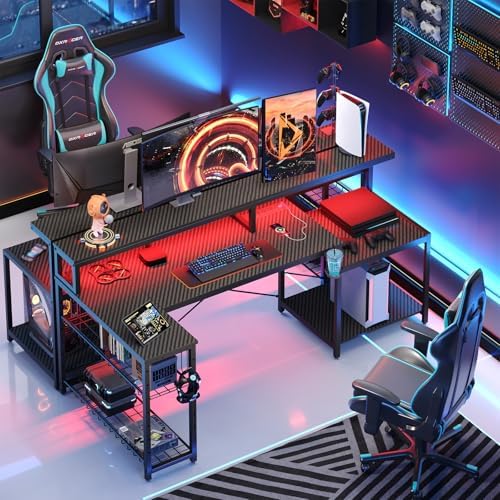 Bestier 71.5 Inch L‑Shaped Gaming Desk with LED & Power Outlets, Black - Image 3