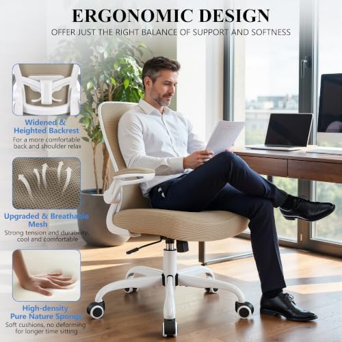 FelixKing Office Chair, Ergonomic Desk Chair Breathable Mesh Chairs Adjustable High Back Lumbar Support Flip-up Armrests, Executive Rolling Swivel Comfy Computer Chairs Home Office Khaki - Image 5