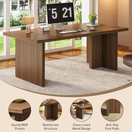 RALGEND 70.9" Executive Desk, Computer Office Desk with Large Tabletop and Sturdy Pedestal Legs,Long Wooden Conference Meeting Room Table for Home Office, Walnut - Image 6