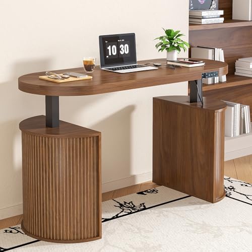 Mid Century Modern Electric Standing Desk with Storage, 55 x 22 Inch Small Sit Stand Up Desk, Wood Adjustable Height Computer Executive Desk for Home Office, Laptop, Walnut - Image 3