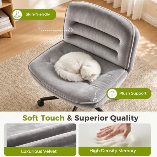 GTPLAYER Cross Legged Office Chair, Armless Desk Chair Cute Vanity Chair with Wheels Computer Chair Comfy Wide Office Chair Adjustable Swivel for Home Computer Task,Soft Velvet, Dark Grey - Image 4