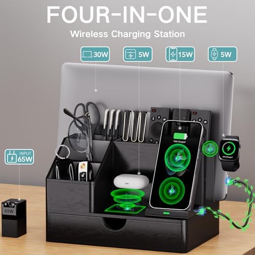 Black PU Leather Multi-Device Charging Station with Drawer - 6-in-1 Desktop Organizer for Phone, iPad, Tablet, Laptop, Watch, Headphones - Electronics Docking Hub & Storage Box for Office Home (Black) - Image 2
