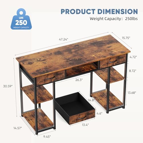 DUMOS 48-Inch Computer Desk with Drawers and Hook, Brown - Image 3