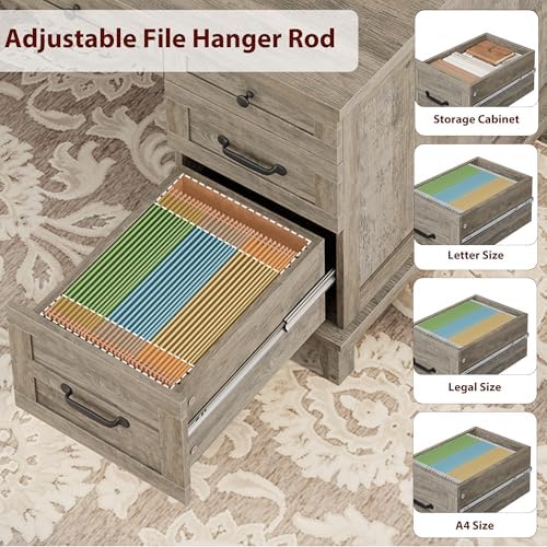 60" Traditional Home Office Desk with Power Outlets, Wooden Executive Desk with File Cabinet and Drawers, Farmhouse Wood Work Desk for Work, Study, Writing, Gray - Image 6