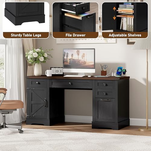 Squireewo 58'' Farmhouse Home Office Desk with Drawers, Wooden Executive Desk with Charging Station, File Drawers and Storage Cabinet, Computer Desk for Work, Study and Writing, Black - Image 6
