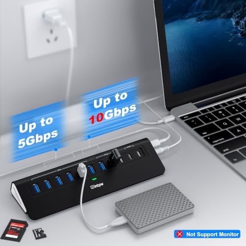 Powered USB Hub 10Gbps, Intpw YH9AC Plus 13-Port USB 3.2 Hub(USB A/USB C 3.2+6 USB-A 3.0+2 PD 45W Fast Charging Ports+SD/TF Card Reader), 65W Power Adapter,Aluminum USB HUB for PC,Laptop,iPhone 17/16 - Image 3