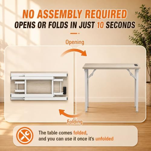 Folding Table Computer Desk - 35.8" No Assembly Folding Desk with Power Outlets & USB Charging Port, Small Desk, Foldable Office Desk, Compact Storage Portable Use for Small Space, White Ash - Image 4