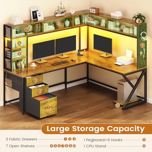SEDETA L Shaped Computer Desk with Hutch, 3 Drawers, Shelves - Image 5