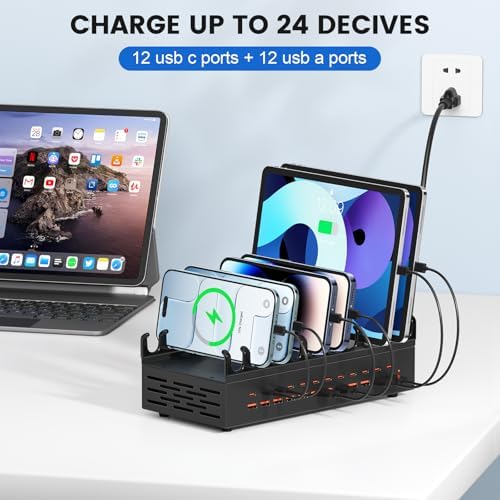 USB Charging Station 300W 24 Ports, Smart Power Distribution and Safety Protection PD/QC Charging Technology Multi Port Fast Charger with 12 USB-C and 12 USB-A for Multiple Devices - Image 3