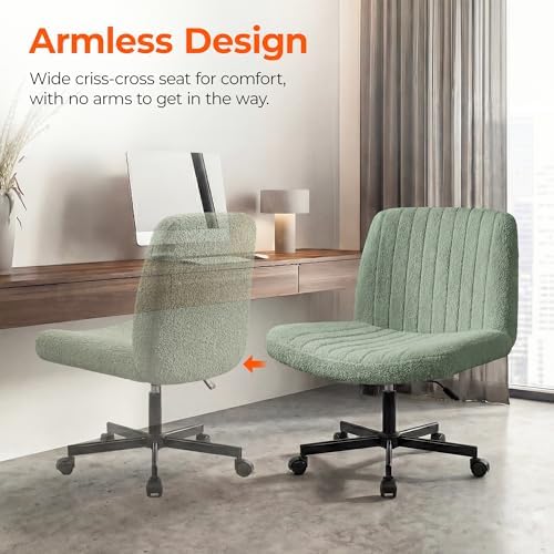 Orange Factory Criss Cross Chair with Wheels, Wide Vanity Seat, Green Teddy - Image 5