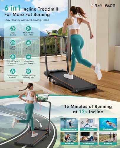 Walking Pad with 10% Incline, Upgrade 3.5HP Low Noise Treadmill with Handle Bar, Rayspace Portable Under Desk Treadmills for Home/Office, 350lbs Capacity, Remote Control & Transparent LED Display - Image 4