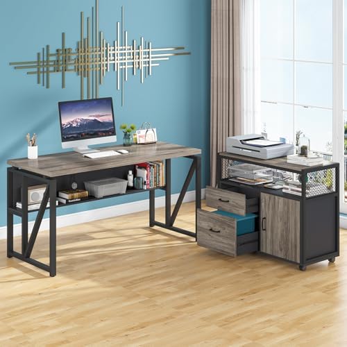 Tribesigns Grey Executive Desk with Cabinet, 55" L Shaped Computer Desk and lateral File Cabinet with Locks, 2 Piece Home Office Furniture Set for Hanging - Image 7
