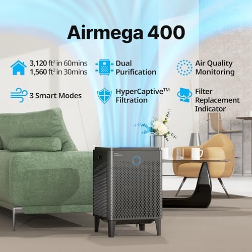 COWAY Air Purifier for Home Large Room Up to 3,120ft², Washable Pre-Filter and HEPA Filter for Smoke, Allergies, Pet Dander, Odor, AQI, Auto & Sleep Mode, Timer, 5yr Warranty, Airmega 400(G) - Image 2