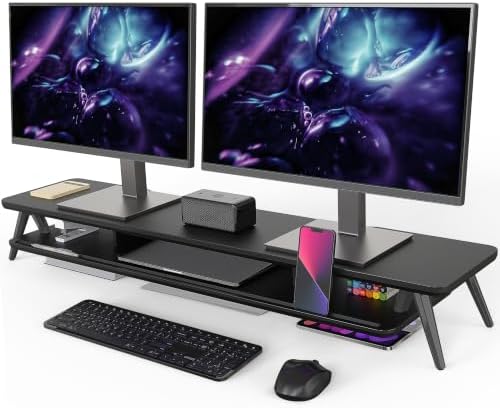 Fenge Dual Monitor Stand Riser, Wooden Desk Shelf with 2-Tier Storage by Fenge
