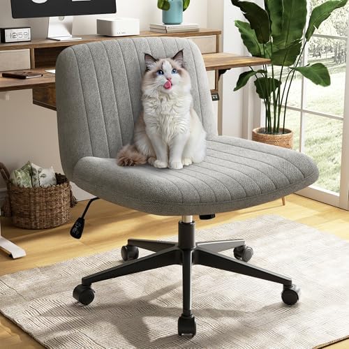 SUNLEI Cross Legged Office Chair with Wheels, Armless Wide Chair's for Vanity Desk, Criss Cross Comfy Chairs with Back, Desk Chair/s of Height Adjustable Swivel, Grey by SUNLEI