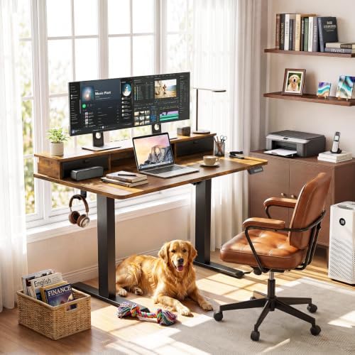 Veken 47x28 in Electric Standing Desk with Drawers, Adjustable Table, Brown - Image 2