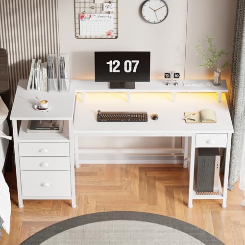 Furologee 60" White Computer Desk with 4 Drawers, Power Outlet, LED Lights - Image 2