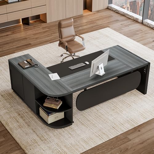 Tribesigns 81‘’ L-Shaped Executive Desk, Large Modern Office Desk with Drawers and File Cabinet for Home or Business Workspace, Grey & Black Computer Desk with Storage Shelves - Image 5