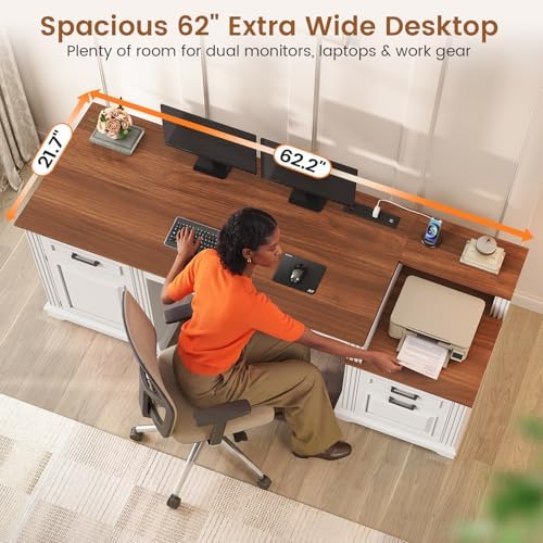 SEDETA Farmhouse Executive Desk, 62'' Home Office Desk with File Drawers, 3Drawer and Storage Cabinet, Computer Desk with Power Outlet for Home Office, Work Study Writing, White + Walnut - Image 6