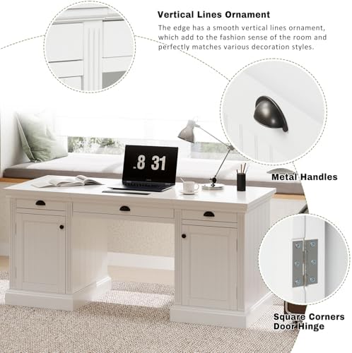 67" Large Executive Office Desk, Modern White Wood Office Computer Desk, Rectangle Home Office Desk with 2 Wooden Doors Storage Cabinet and 3 Drawers, Writing Table,Workstation (White, 67") - Image 6