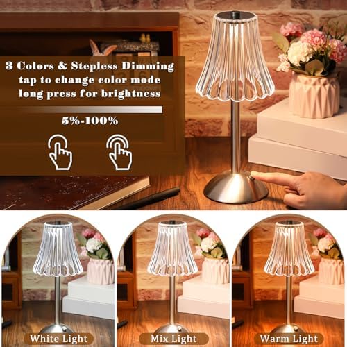 Liliful 6 Pcs Cordless Table Lamp LED Touch, Silver, Rose Style - Image 4