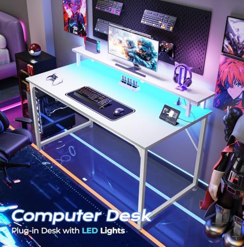 PRAISUN 40 inch Gaming Desk, LED & Power Outlets, Monitor Stand, White - Image 4