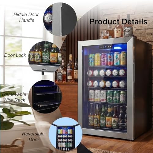 20 Inch Beverage Refrigerator, Mini Fridge with Glass Door for Soda Beer– 130 Can Small Fridge for Home Office Bar, 3.4 Cu.Ft Drink Cooler with Reversible Door, Digital Temperature Control - Image 7
