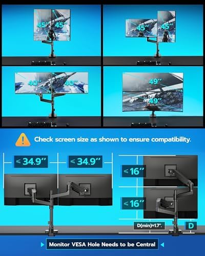 ARES WING Stacked Dual Vertical Monitor Arm with USB A/C for 17 to 49 Inch - Image 2