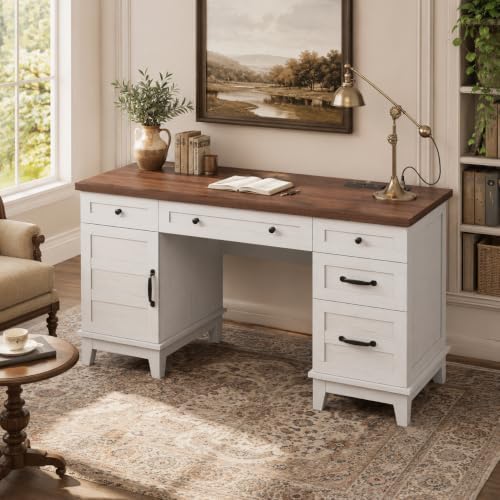60" Farmhouse Executive Desk with File Drawers, Rustic White - Image 3
