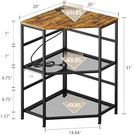 EasyCom Corner Printer Stand with Charging Station, Adjustable Height Storage Shelf for CPU Shredder, Triangle Corner Table for Small Space Office Living Room-Rustic Brown - Image 5