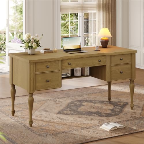 59in Wood Executive Desk with Solid Wood Legs & Keyboard Tray - Image 7