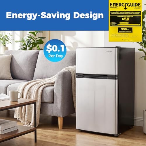 COSTWAY 3.2 Cu.Ft. Mini Fridge with Freezer, 2 Door for Office Bedroom Dorm - Image 4