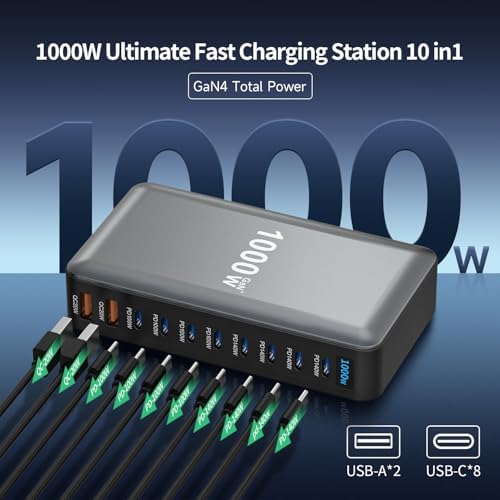 1000W 10-Port GaN 4 Desktop Charging Station with 240W 6.6 ft Data Cable - Compatible with Tablets, Phones, Laptops, Gaming Consoles, Headphones - Image 3