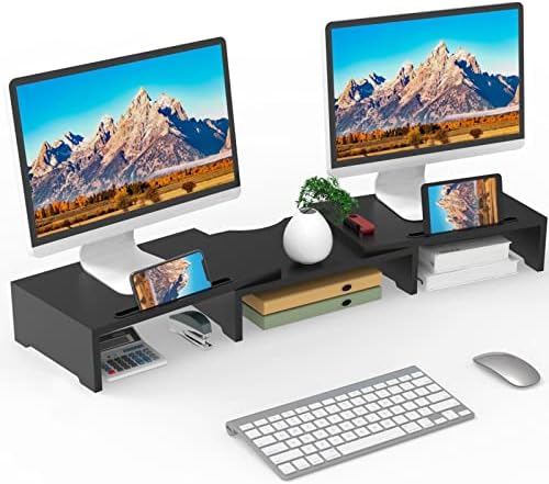 WALI Dual Monitor Stand Riser, 3 Shelf Laptop and Computer Monitor Stand with Phone Holder, Length and Angle Adjustable Desk Organizer (PTT007T-B), Black by WALI