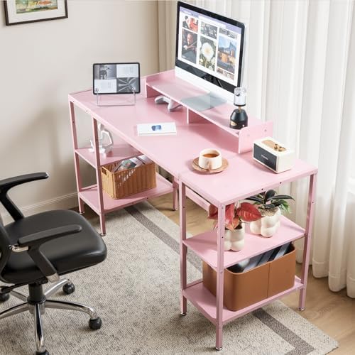 MINOSYS Computer Desk 55-inch with Storage Shelf - Pink Ideal Gaming Desk for Bedrooms, Small Spaces, and Home Offices Modern Writing Desk for PCs. - Image 2