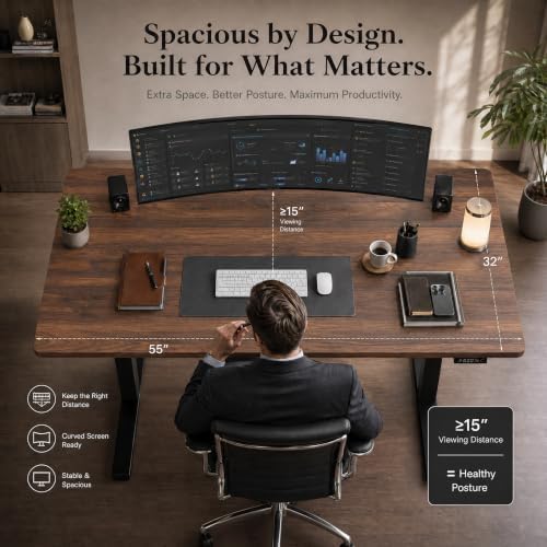 Grandder 55x32 Large Electric Standing Desk, Height Adjustable Computer Desk with 2 Memory Presets, 31.5" Deep Desktop Sit Stand Desk Home Office Desk Workstation Table with Hooks, Walnut - Image 2