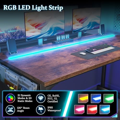 DurayLoly 48" Computer Desk with Waterproof LED Lights for Bedroom,Brown - Image 6