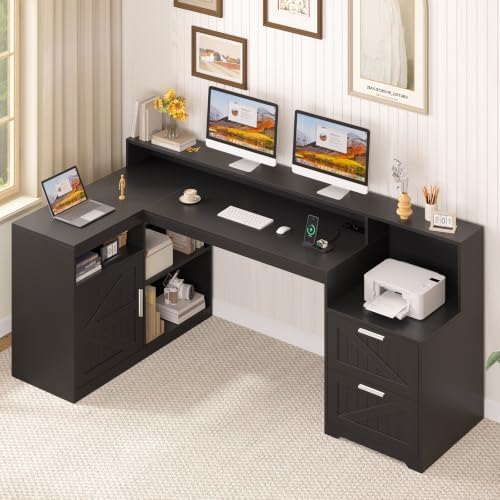 63" Farmhouse L Shaped Desk with Drawers and Printer Stand for Home Office by TVU