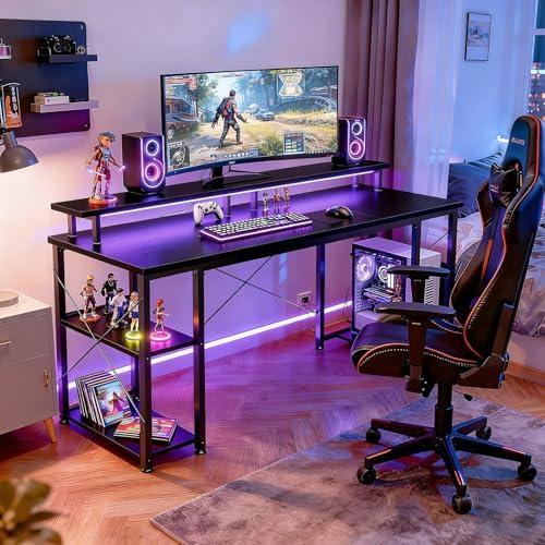 ODK 55 Inch Gaming Desk with LED Lights & Storage Shelves, Black - Image 2