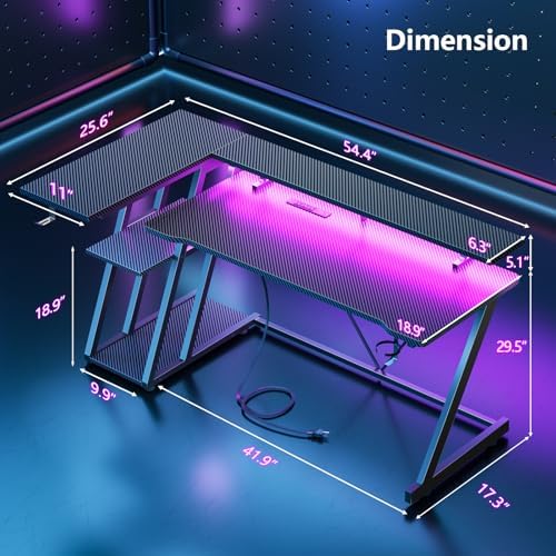 Korfile 55 Inch Gaming Desk with Power Outlet & LED Lights, L Shaped Gamer Computer Table with Storage Shelves for Bedroom, Corner Home Office Desk, Carbon Fiber Black - Image 2